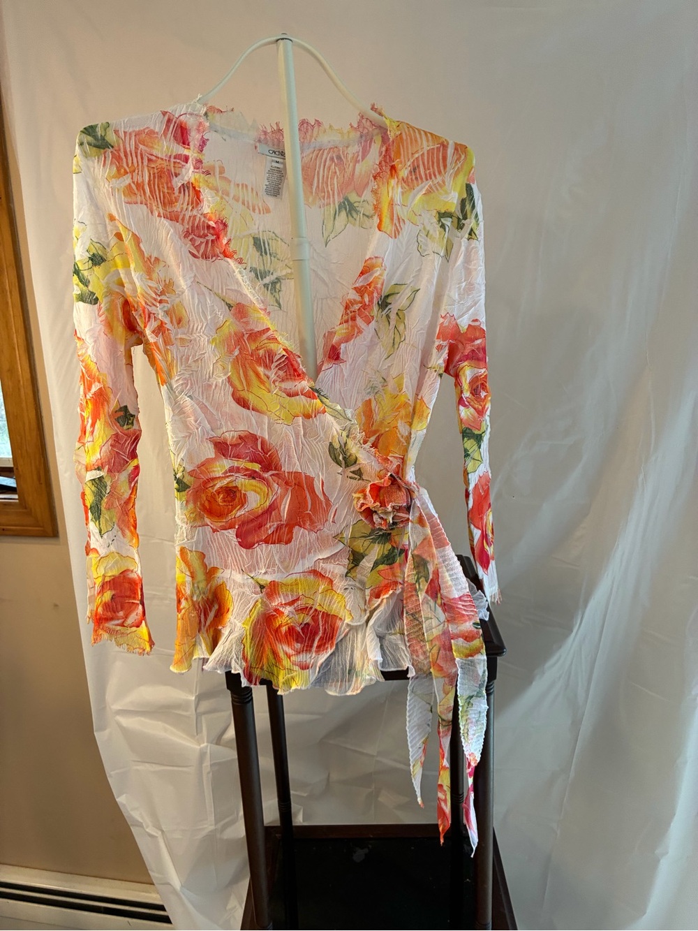 Cache Floral Wrap Blouse in White with Orange & Yellow Roses
